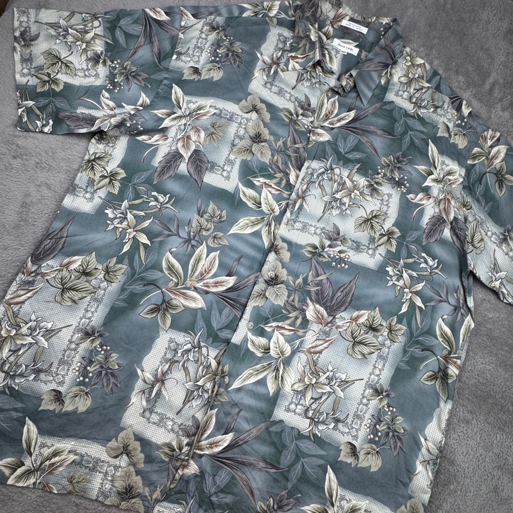 Pierre Cardin Floral Button Up Shirt Mens 2XLT Blue Vintage Rayon Short Sleeve